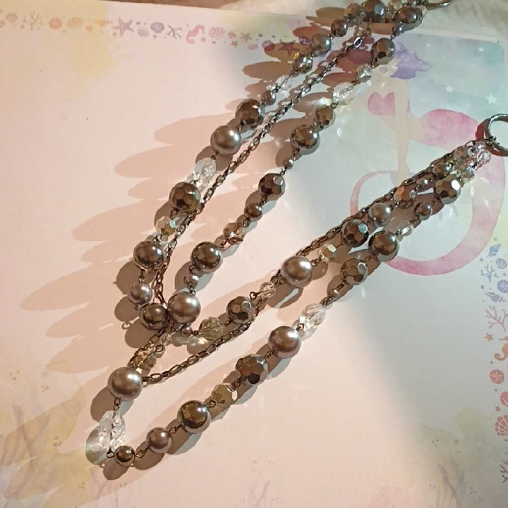 Triple Layers Long Clear, Dark Gray, & Silver Beaded Necklace 40 Inches Long